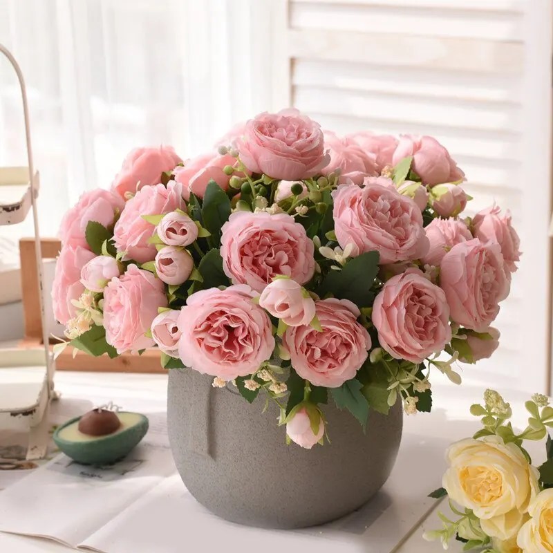 30cm gül pembe ipek buket şakayık yapay çiçek 5 büyük baş 4 küçük tomurcuk gelin düğün ev dekorasyon yapay çiçek