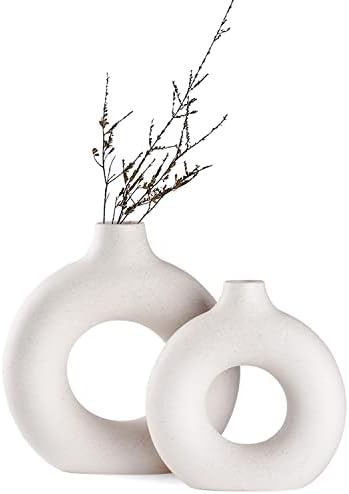 White Ceramic Donut Vase Set of 2, Hollow Matte Pampas Flower Vases for Boho Home Wedding Party Room Dinner Table Shelf Decor.(White)