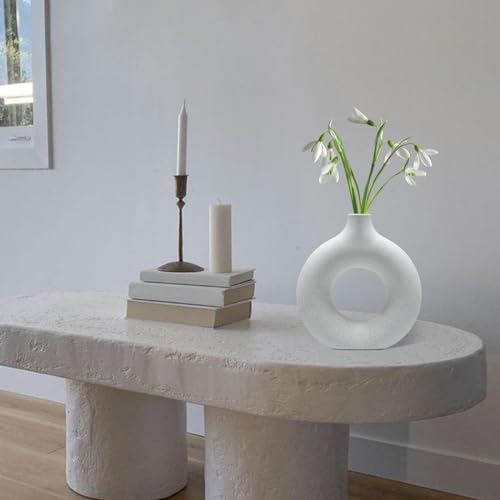 White Ceramic Vases - Set of 2 Hollow Round Matte Vases for Minimalist and Boho-Inspired Home Decor, Ideal for Weddings, Parties, and Dining Ambiance - Görsel 2