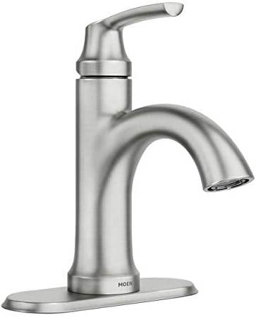 Moen Wellton Single-Handle Spot Resist Brushed Nickel Bathroom Faucet, One Hole Bathroom Sink Faucet with Optional Deck Plate and Drain Assembly, 84980SRN
