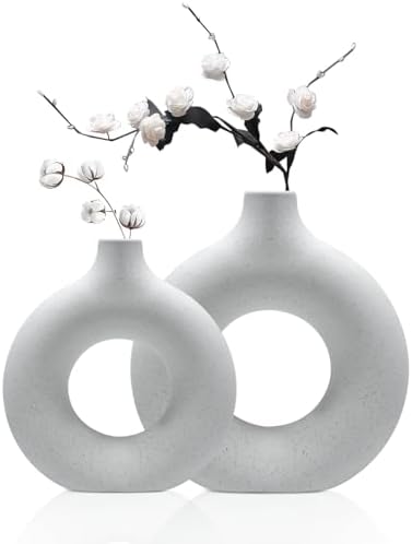 White Ceramic Vases - Set of 2 Hollow Round Matte Vases for Minimalist and Boho-Inspired Home Decor, Ideal for Weddings, Parties, and Dining Ambiance - Görsel 1