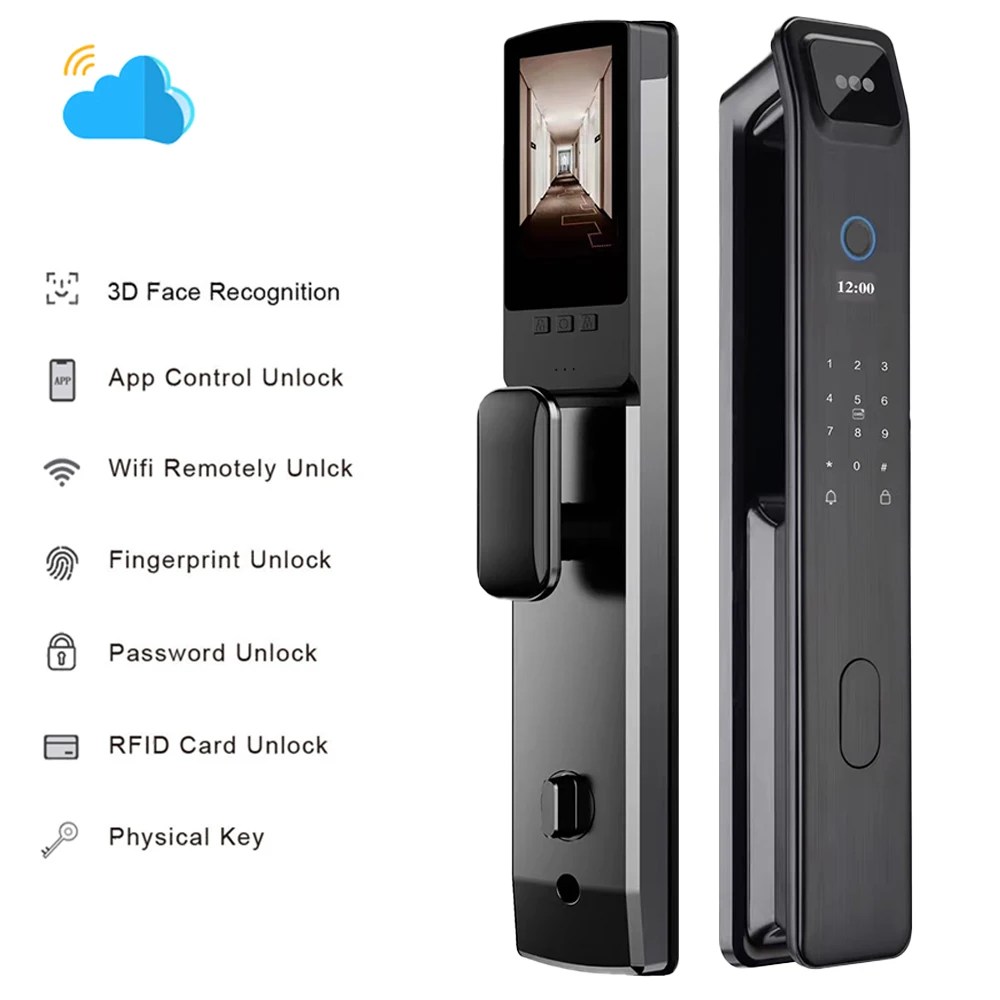 3D yüz tanıma App WIFI şifre parmak izi kartı taşınabilir görsel kapı zili izleme kamera elektronik dış kapı kilidi