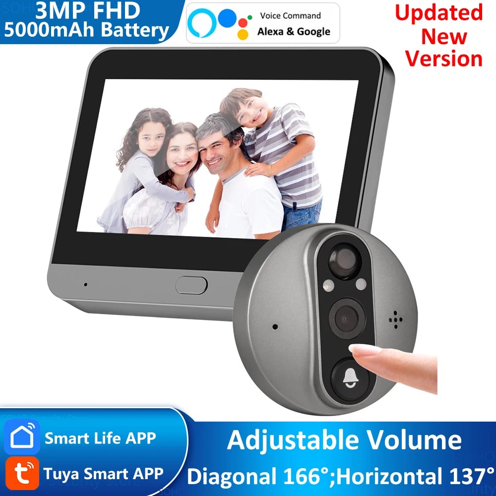 3MP Smart Life Tuya 1080P WiFi Kapı Zili Göz Gözetleme Kamerası 5000mAh Pil PIR Hareket Dedektörü IR Alexa Google Home Dijital Görüntüleyici