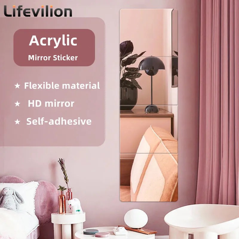 4 adet akrilik ayna duvar çıkartmaları Thicken-2mm ayna kaplama dekor kendinden yapışkanlı DIY duvar Sticker için gardırop banyo ev - Görsel 2