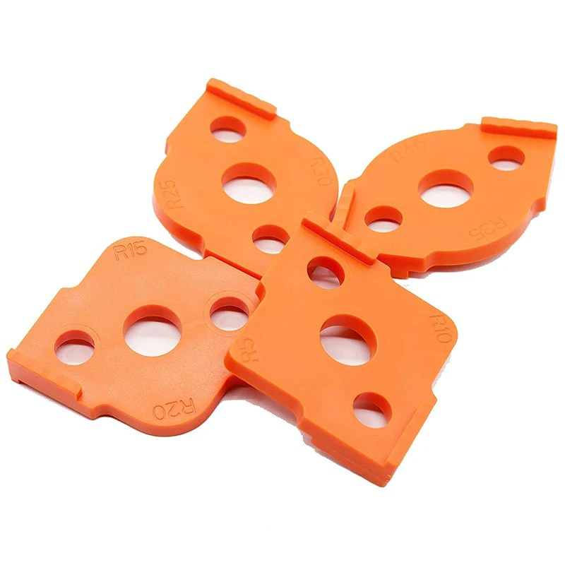 4 adet yarıçapı yönlendirici şablonları Jig yarıçapı köşeleri kırpma yönlendirici Bit şablonları R5 R10 R15 R20 R25 R30 R30 R40 ağaç İşleme aleti