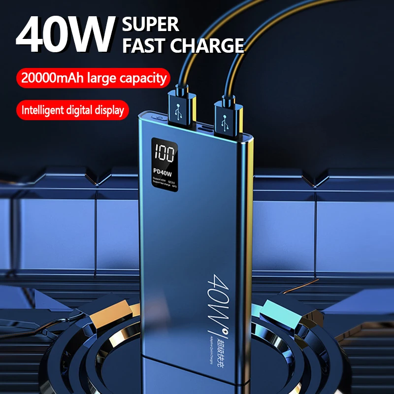 40w süper hızlı şarj büyük kapasiteli 20000 mAh güç banka iki yönlü hızlı şarj dijital ekran harici pil QC3.0