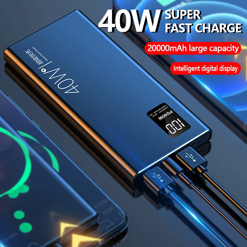 40w süper hızlı şarj büyük kapasiteli 20000 mAh güç banka iki yönlü hızlı şarj dijital ekran harici pil QC3.0