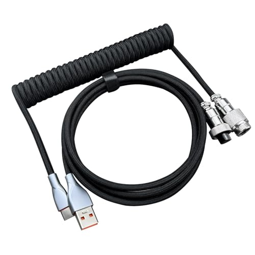 USB C Coiled Keyboard Cable - Gaming Keyboard Coil Cord ,Custom Type Braided Mechanical Keyboard Cable With Detachable Metal Aviator Wire, 1.5M USB-C to USB-A, Computer Decoration Keyboard Wire Black