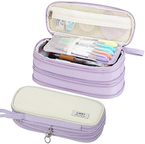Large Pencil Case Zipper Pencil Pouch Organizer Big Capacity Pencil Bag with Handle Portable for Girls Kids Adults Gift Pen Case for School Home Office Purple