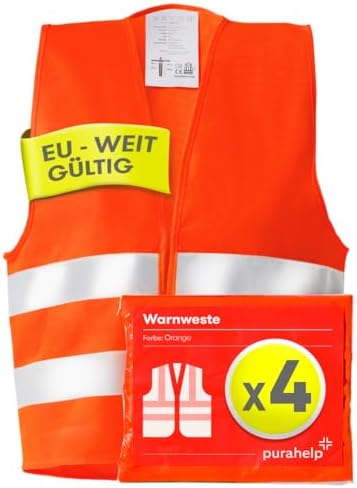 PURAHELP Araba ikaz yeleği, 4'lü set, Avrupa çapında EN ISO 20471'e göre geçerlidir, reflektörlü uyarı yeleği, otomobil güvenlik yeleği, turuncu, uyarı yeleği, yetişkinler için güvenlik yeleği