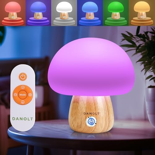 Danolt Silicone Mushroom Night Light for Kids 7 Colors Dimmable Mushroom Lamp Touch Baby Night Light with Remote Rechargeable Squishy Lamp Cute Room Decor Cool Mushroom Gifts