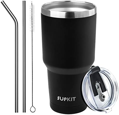 30oz Tumbler Stainless Steel Double Wall Vacuum Insulated Mug with Straw and Lid, Cleaning Brush for Cold and Hot Beverages (Black) - Görsel 1