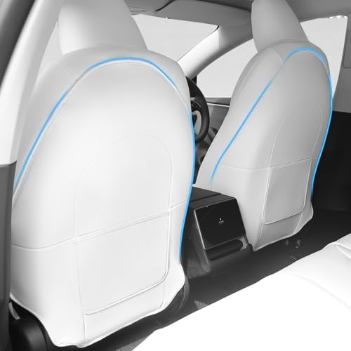 TOPABYTE - Tesla Model Y Model 3 için koltuk arkası koruması, aksesuar deri arka koltuk minderi, çocuklar için, aşınmaya dayanıklı arka koltuk kılıfı, ekstra düzenleyici çantalı, 2 adet, beyaz