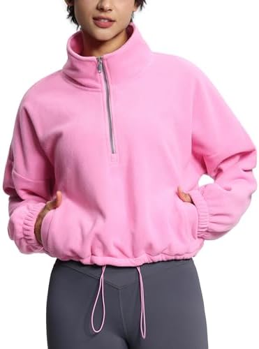 THE GYM PEOPLE Women’s Half Zip Crop Pullover Sweatshirt Fleece Stand Collar Workout Tops with Pockets Drawstring Hem