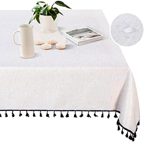 MYSKY HOME Table Cloth 60x84 in Rectangle Table, Cotton Tassel Linen Look Waterproof Tablecloths Farmhouse Tablecloth, Wrinkle Free Table Cover with Black Tassels for Kitchen Dining, Party
