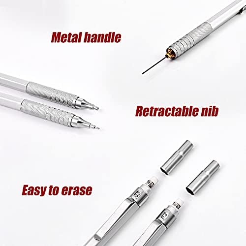 Mechanical Pencils Set, 4 Pieces Automatic Metal Mechanical Pencils, 8 Pieces HB Pencil Leads Replaceable Refills and 2 Pieces Erasers for Home, School, Office Supplies (Silvery, 0.3 mm) - Görsel 6