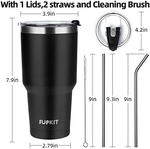 30oz Tumbler Stainless Steel Double Wall Vacuum Insulated Mug with Straw and Lid, Cleaning Brush for Cold and Hot Beverages (Black) - Görsel 2