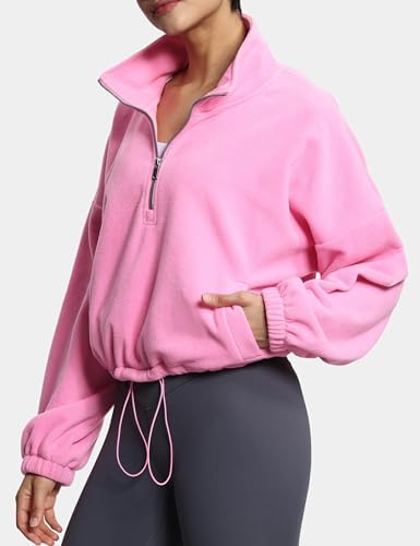 THE GYM PEOPLE Women’s Half Zip Crop Pullover Sweatshirt Fleece Stand Collar Workout Tops with Pockets Drawstring Hem