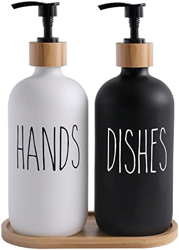 MOMEEMO Glass Soap Dispenser Set, Contains Hand Soap and Dish Soap Dispenser.Suitable for Kitchen Decor. (Black & White)