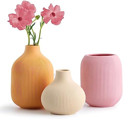 Ceramic Vase for Decor,Small Boho Vases Set for Home Decor,Modern Minimalist Farmhouse Decor,Decorative Bud Vases for Shelf Decor,Table, Bookshelf, Mantel and Entryway(Pink+Light Yellow+Orange)