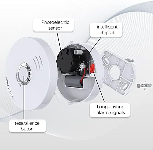 Andyssey Smoke Detector, 10 Year Battery Operated Smoke Alarm with LED Indicator, Photoelectric Fire Alarm Smoke Detector with Test & Silence Button for Home, 2 Packs - Görsel 3