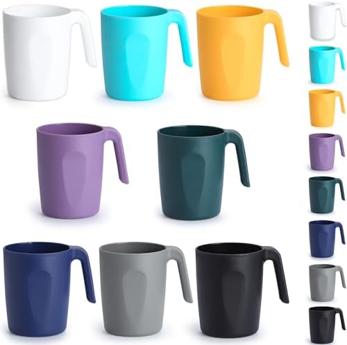 Berglander Plastik kahve fincanı seti, 8'li 450 ml, çok renkli, plastik kahve kupası, kulplu, çok yönlü, taşıması kolay, ev, bahçe, piknik, kamp, dış mekan için ideal