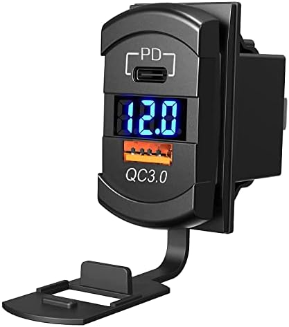 USB Auto Steckdose KFZ Schnellladung Ladegerät QC3.0+ PD +Voltmeter für 12V/24V Fahrzeuge KFZ Boot Motorrad SUV Bus LKW Wohnwagen Marine (Blau)
