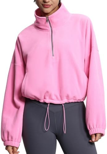 THE GYM PEOPLE Women’s Half Zip Crop Pullover Sweatshirt Fleece Stand Collar Workout Tops with Pockets Drawstring Hem