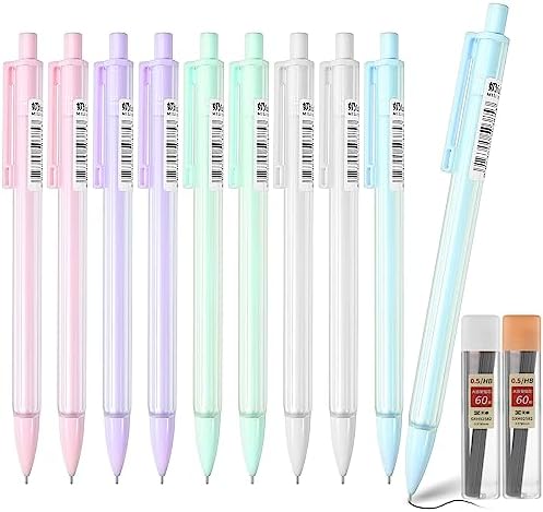 Bewudy 10PCS Pastel Mechanical Pencil Set, Cute Mechanical Pencils 0.5 mm with 2 Tube HB Lead Refill, Cartoon Mechanical Pencils for Drawing & Writing for School or Office Supplies