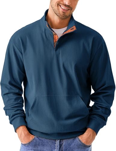 JMIERR Men's Corduroy Sweatshirt Casual Long Sleeve Stand Collar Button Pullover Sweatshirts with Pockets - Görsel 1