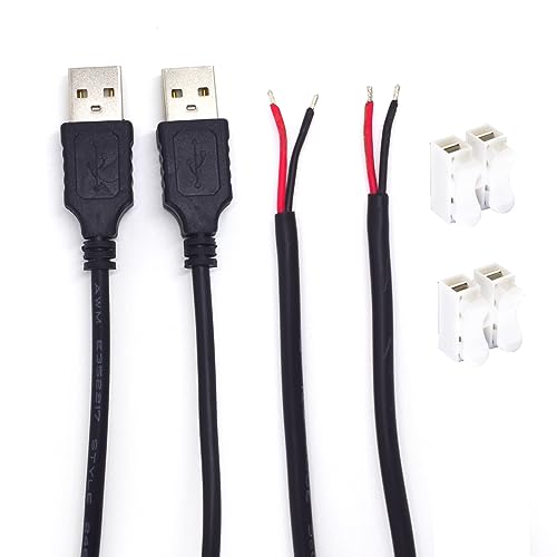 2PCS 20AWG USB Pigtail 2 Wire,0.3M/1FT USB 2.0 Male Plug 2pin Wire DIY Pigtail Cable 5V Bare Wire Cable 5V 5A Black USB Plug Power Cable with 2-Position Spring Wire Connector