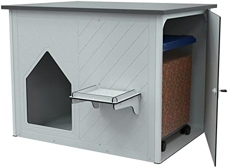 PALRAM Pets Archie Modern Indoor Dog/Cat House with Pet Food Storage Cabinet Organizer, Integrated Large Pet Feeder Station, Pet House Furniture, Gray