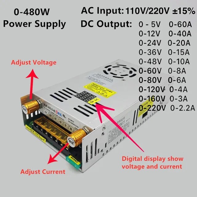 480W transformatörler AC 220V DC 5V 12V 24V ayarlanabilir anahtarlama güç kaynağı 36V 48V 60V 80V 120V 160V 220V ile dijital ekran V - Görsel 14