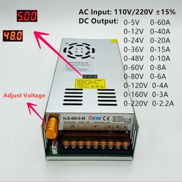480W transformatörler AC 220V DC 5V 12V 24V ayarlanabilir anahtarlama güç kaynağı 36V 48V 60V 80V 120V 160V 220V ile dijital ekran V