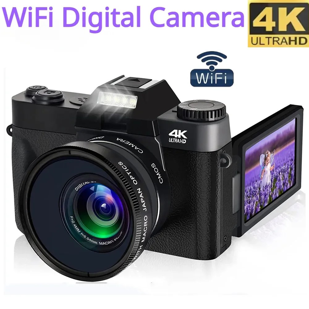 4K HD profesyonel dijital kamera kamera WIFI kamerası geniş açı 16X dijital Zoom 48MP fotoğraf 3 inç Flip ekran kaydedici