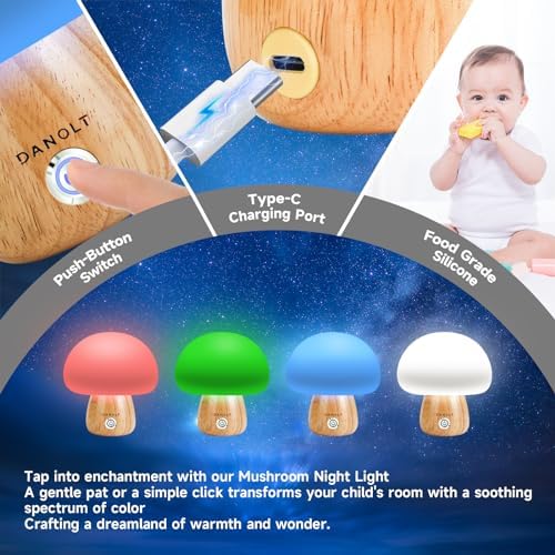 Danolt Silicone Mushroom Night Light for Kids 7 Colors Dimmable Mushroom Lamp Touch Baby Night Light with Remote Rechargeable Squishy Lamp Cute Room Decor Cool Mushroom Gifts
