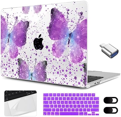 MEEgoodo for MacBook Air 15 inch Case 2023 New A2941, Clear Case for MacBook Air M2 Chip, Laptop Hard Shell Cases with Keyboard Cover & Camera Cover & OTG Adapter for 15.3-inch, Purple Butterfly