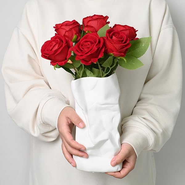 White Ceramic Vase Unique Flower Vases, Vases Home Decor Flower Vase for Pampas Grass as Boho Deco, Vases for Flowers White Vase Home Decor for Wedding, Dinning, Bookshelf or Gift - Görsel 5