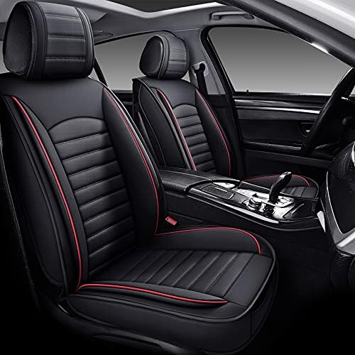 OMOKA AUTO Autositzbezüge mit wasserdichtem Leder, Fahrzeug-Kissenbezug für Autos, SUV, Limousine, Pick-up-LKW, universelle Passform, Set für die meisten Autos (schwarz-rot, 5 Sets Vollsitz)