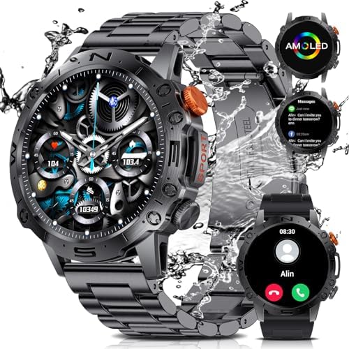 ESFOE 1.43'' AMOLED Military Smart Watches for Men, 5ATM Waterproof/460mAh/126 Sports Modes Fitness Tracker Heart Rate Blood Pressure SpO2 Monitor Tactical Smart Watches Android iOS