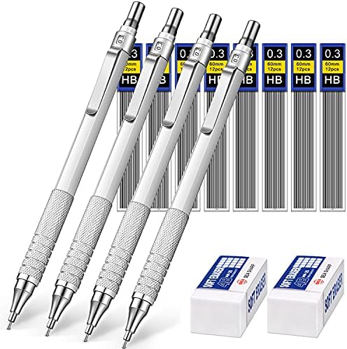 Mechanical Pencils Set, 4 Pieces Automatic Metal Mechanical Pencils, 8 Pieces HB Pencil Leads Replaceable Refills and 2 Pieces Erasers for Home, School, Office Supplies (Silvery, 0.3 mm) - Görsel 1