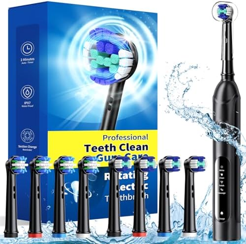 Rotating Electric Toothbrush for Adults with 8 Brush Heads (2 Types), 4 Modes Deep Clean Electric Toothbrush with Rechargeable Power and 2 Min Smart Timer (1- Black, 1 Pack)