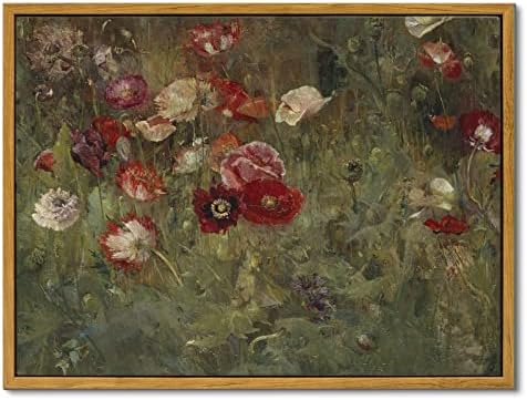 InSimSea Framed Canvas Wall Art Vintage Decor, FLoral Wall Art Decorations Classical Oil Painting Canvas Prints A Bed of Poppies Vintage Home Wall Decor, 12"x16"