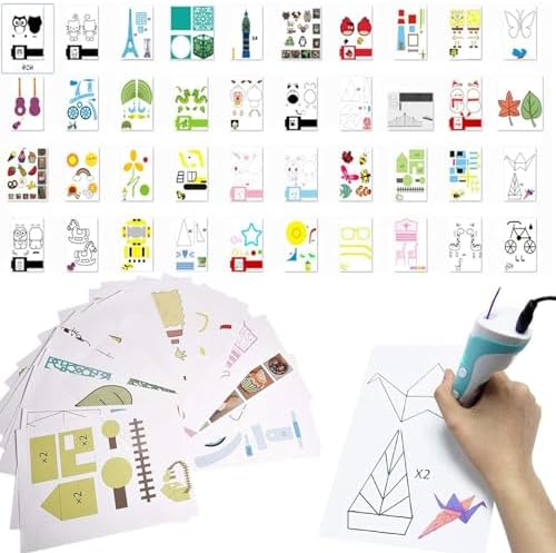 3D Printer Drawing Molds Paper Stencils for 3D Printing Pen,POYLKJGYT Printing Paper Painting Graffiti Template for 3D Pen Kids DIY Gift Present, 20 Sheets 40 Patterns with a PVC Transparent Board.