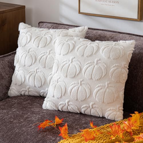 Pumpkin Fall Decorative Throw Pillow Covers 18"x18", Set of 2 Cream White Soft Faux Fur Pillow Covers for Autumn Harvest, Fluffy Plush Accent Pillow Cases for Farmhouse Couch Cushion Covers