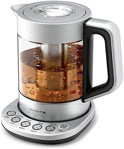 Vianté Hot Tea Maker Electric Glass Kettle with tea infuser and temperature control. Automatic Shut off. Brewing Programs for your favorite teas and Coffee. 1.5 Liters capacity.