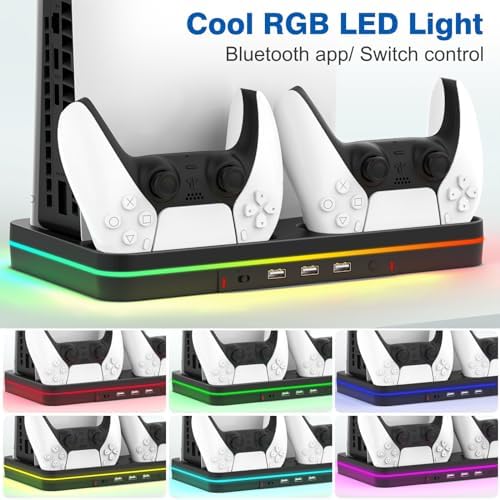 Ps5 Slim Console Cooling Station,Ps5 Slim(Disc & Digital Editions) Stand Accessories with 2 Cooling Fan&2 Controller Charging Station,Playstation 5 Cooling Stand with RGB Light,Headset Holder,3 USB - Görsel 3