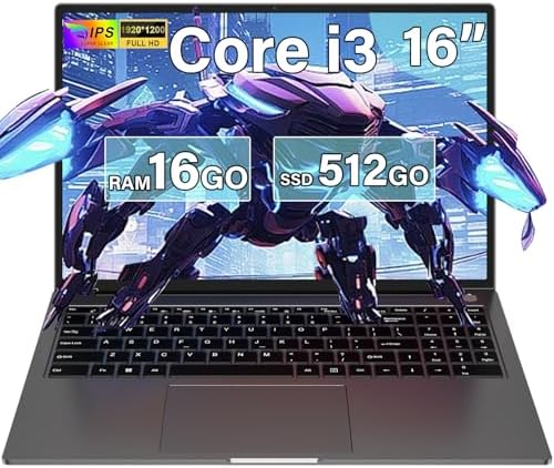 Laptop 16 inç 16 GB RAM 512 GB SSD 1 TB genişletmeli, Laptop Win 11 Core i3-1000NG4 (3,2 GHz'e kadar), 1920 x 1200 〗WiFi, 2,5, BT4.2 kablosuz fare ve Almanca klavye gövdesi – Gri