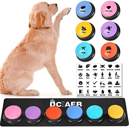 DCIAER Dog Buttons for Communication,Talking Buttons for Dogs,6 Recordable Sound Buttons + 24 Scene Patterns + 1 Dog Button Mat+ 12 AAA Batteries,30 Seconds Dog Buttons for Pet Sound Training Toy