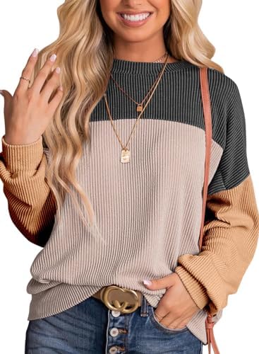 EVALESS Womens Long Sleeve Crewneck Shirts Ladies Casual Color Block Lightweight Knitted Tunic Tops for Women Loose Fit Black X-Large